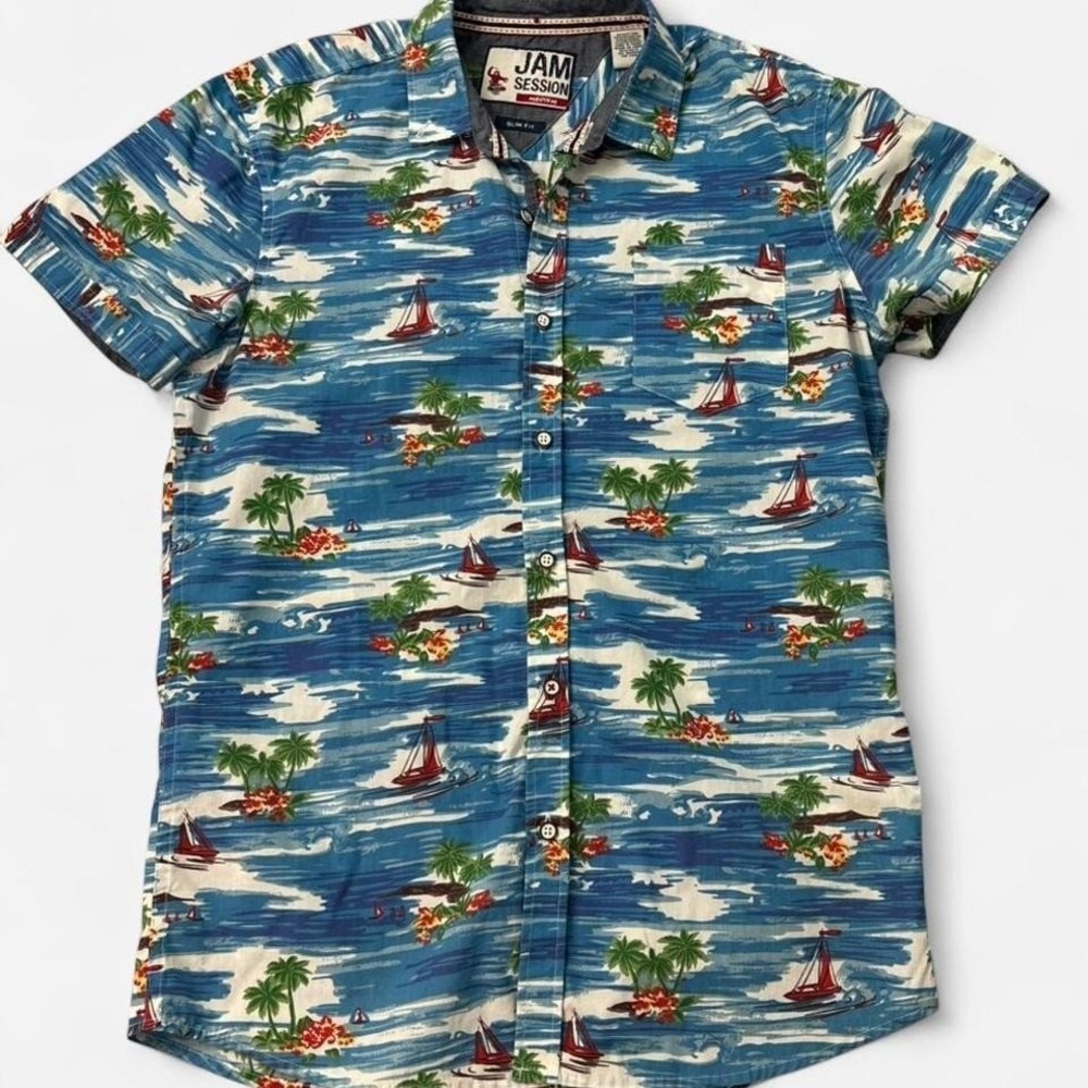 Jam Session Slim Fit Hawaiian Shirt M Blue‎ Sailboat Island Tropical Print 0165